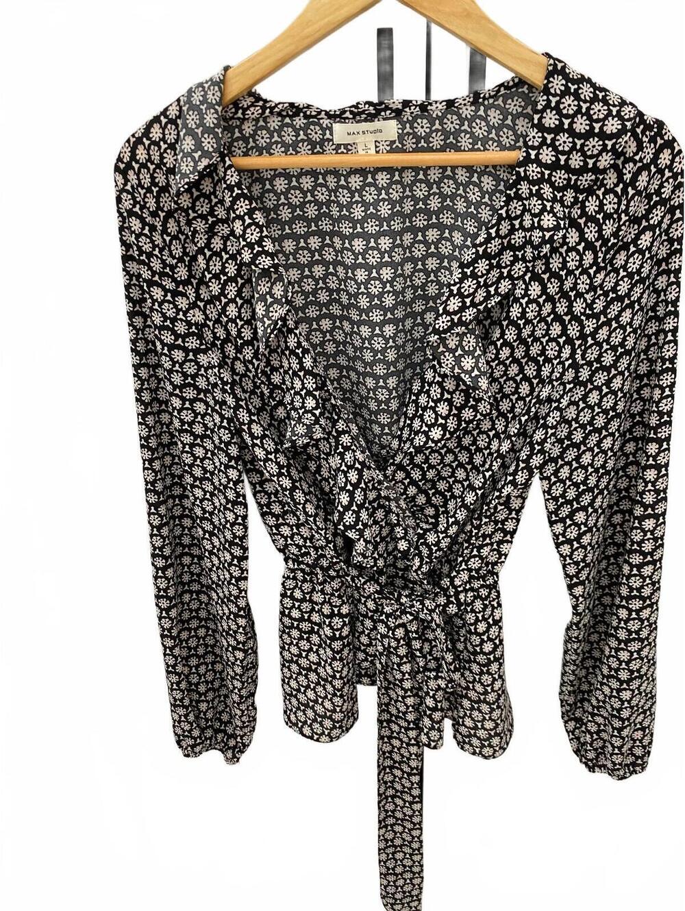 Max Studio Black and White Floral Wrap Blouse, Size Large